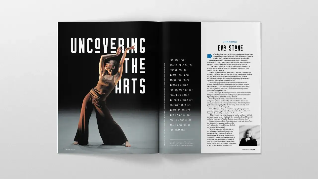 Une danseuse pose, inspirant pour créer un magazine. L'article parle de comment créer un magazine et de la chorégraphe Eva Stone.
