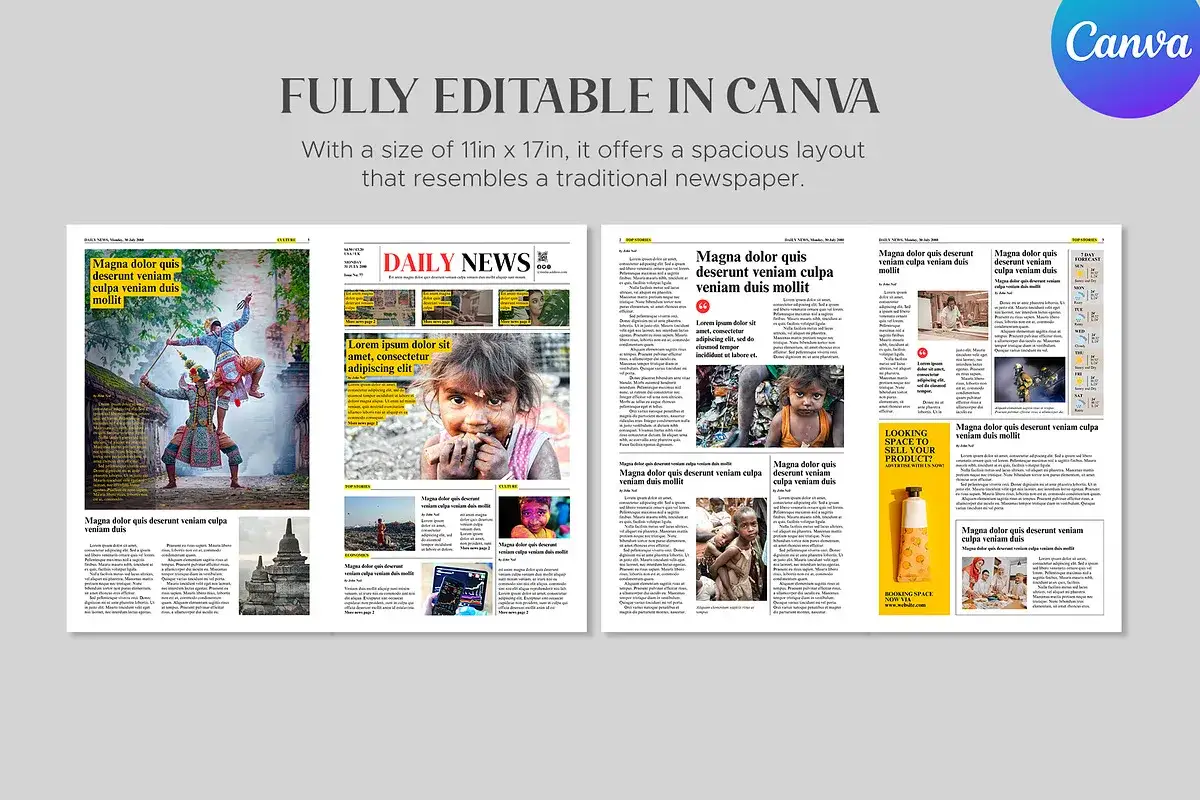 Modèle de journal personnalisable, idéal pour apprendre comment créer un magazine. Il présente des articles, des photos et des publicités.