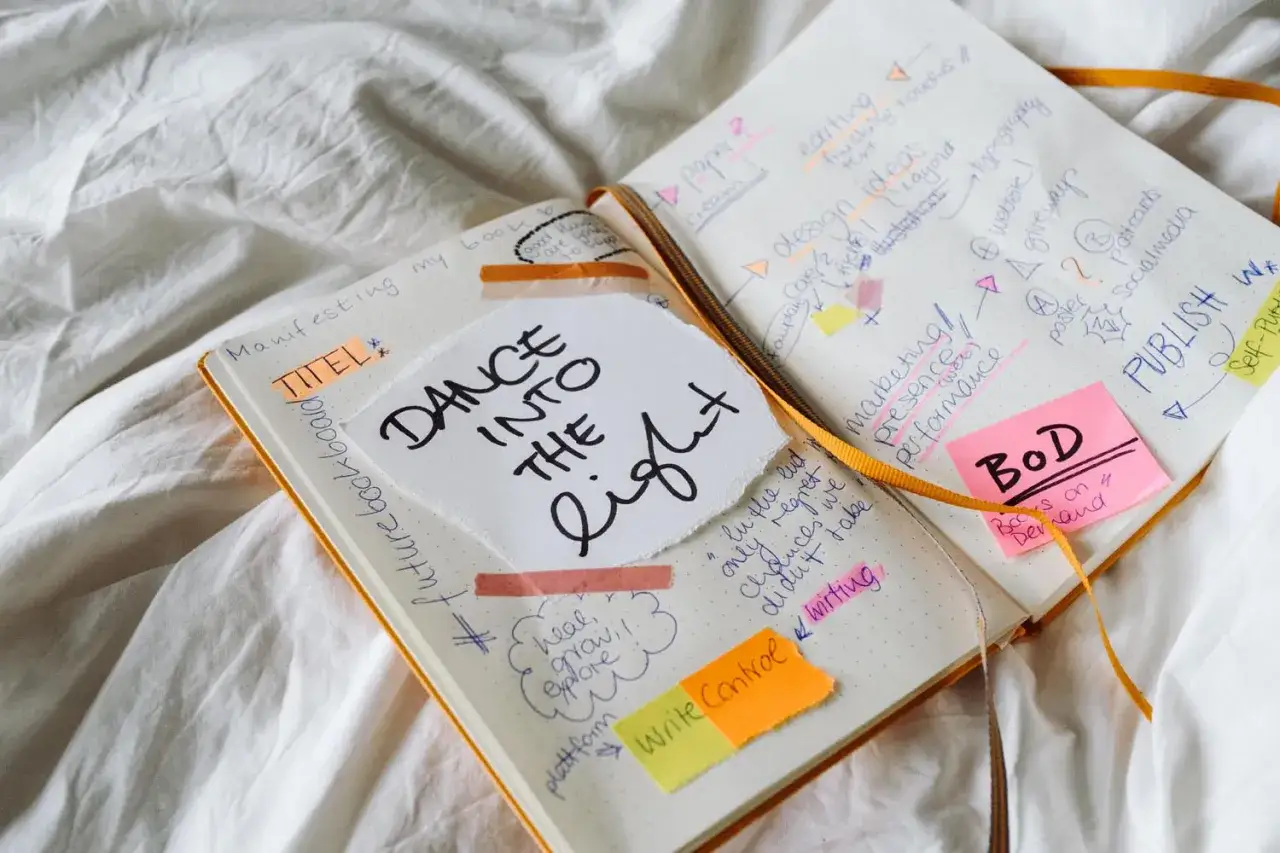 Un carnet ouvert sur un lit blanc, rempli d'id&eacute;es pour un livre. Le mot 