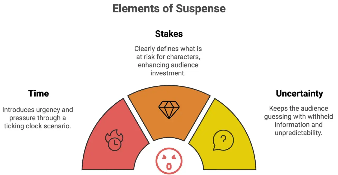 Sch&eacute;ma des &eacute;l&eacute;ments de suspense : Temps (urgence), Enjeux (ce qui est en jeu), Incertitude (ce qu'est un cliffhanger).