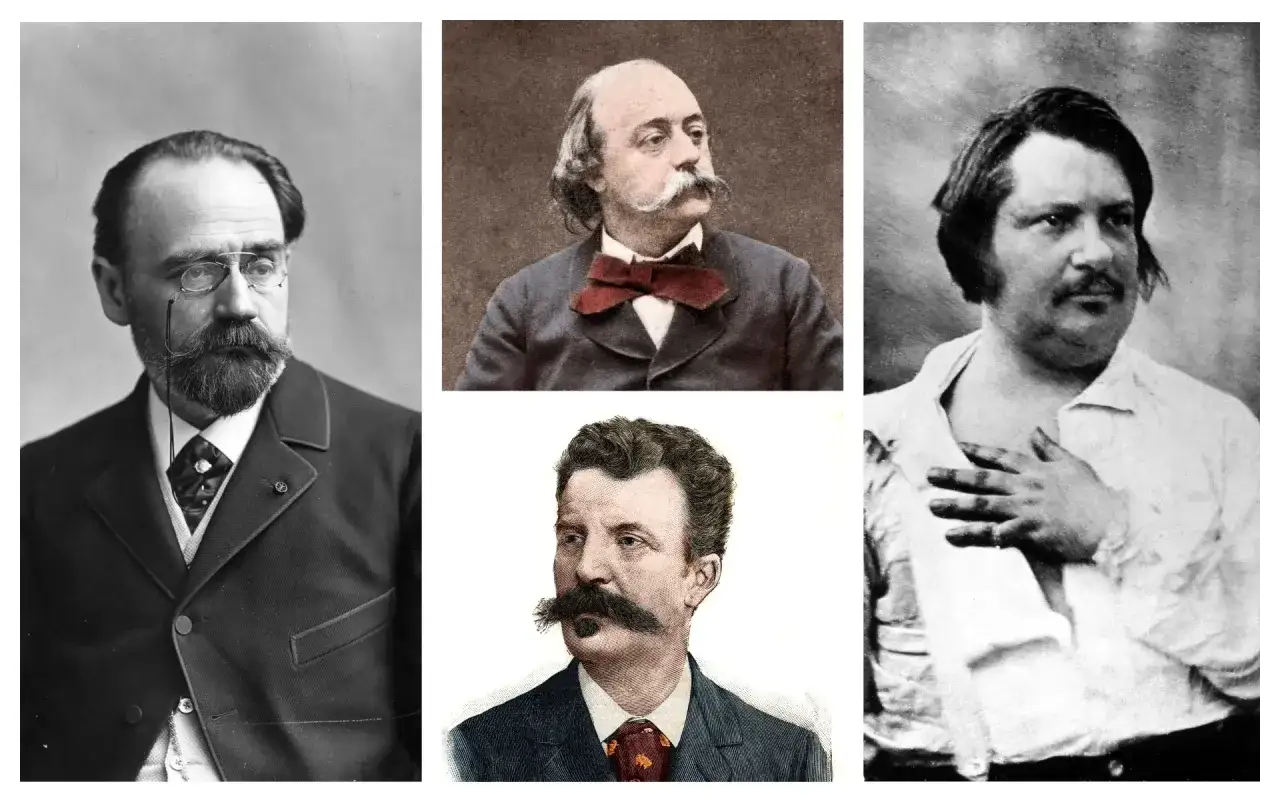 Portraits d'&eacute;crivains, dont certains ont explor&eacute; qu'est-ce qu'une nouvelle r&eacute;aliste. Hommes aux moustaches et barbes distinctives.