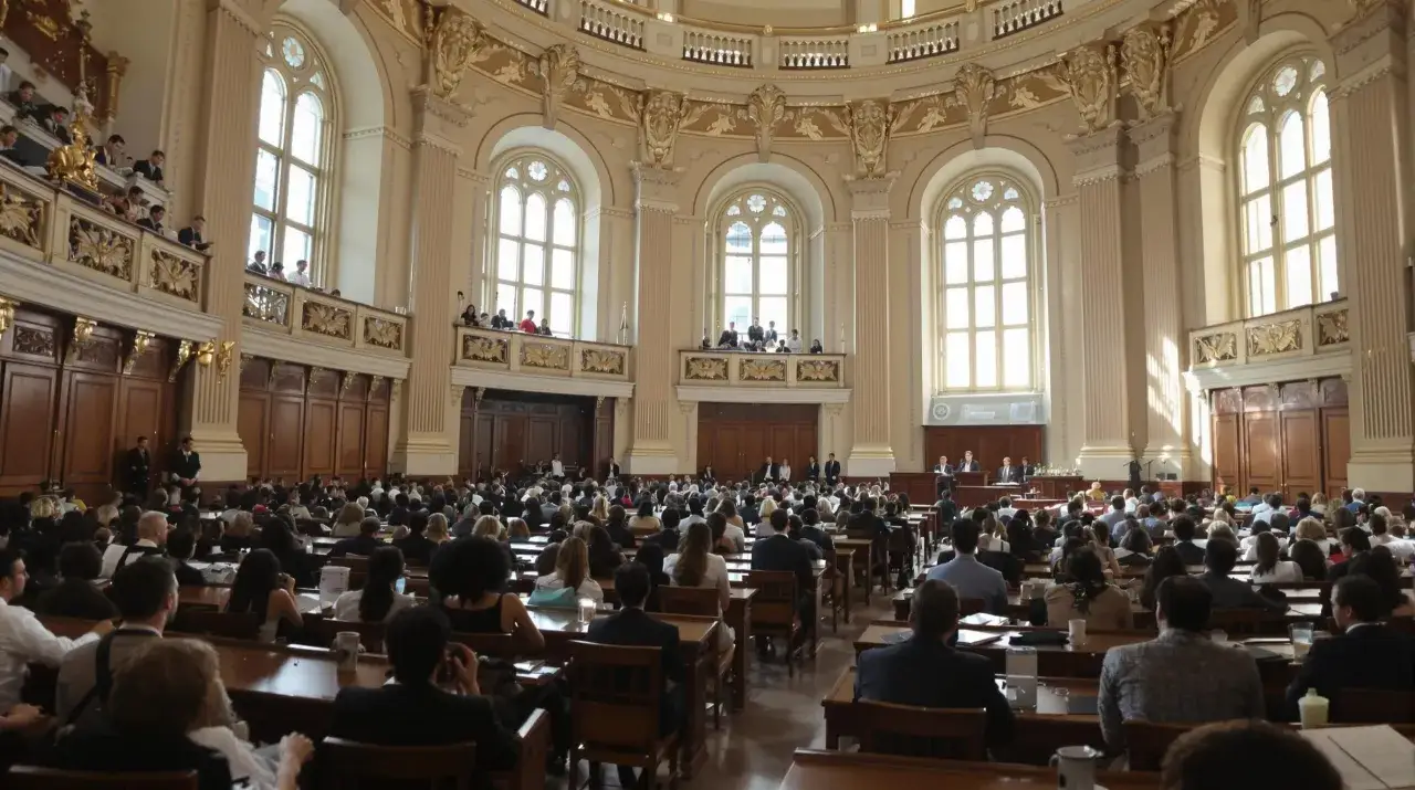 Une grande salle orn&eacute;e accueille une soutenance de th&egrave;se. Le public est assis, attendant de savoir combien de temps dure une soutenance de th&egrave;se.