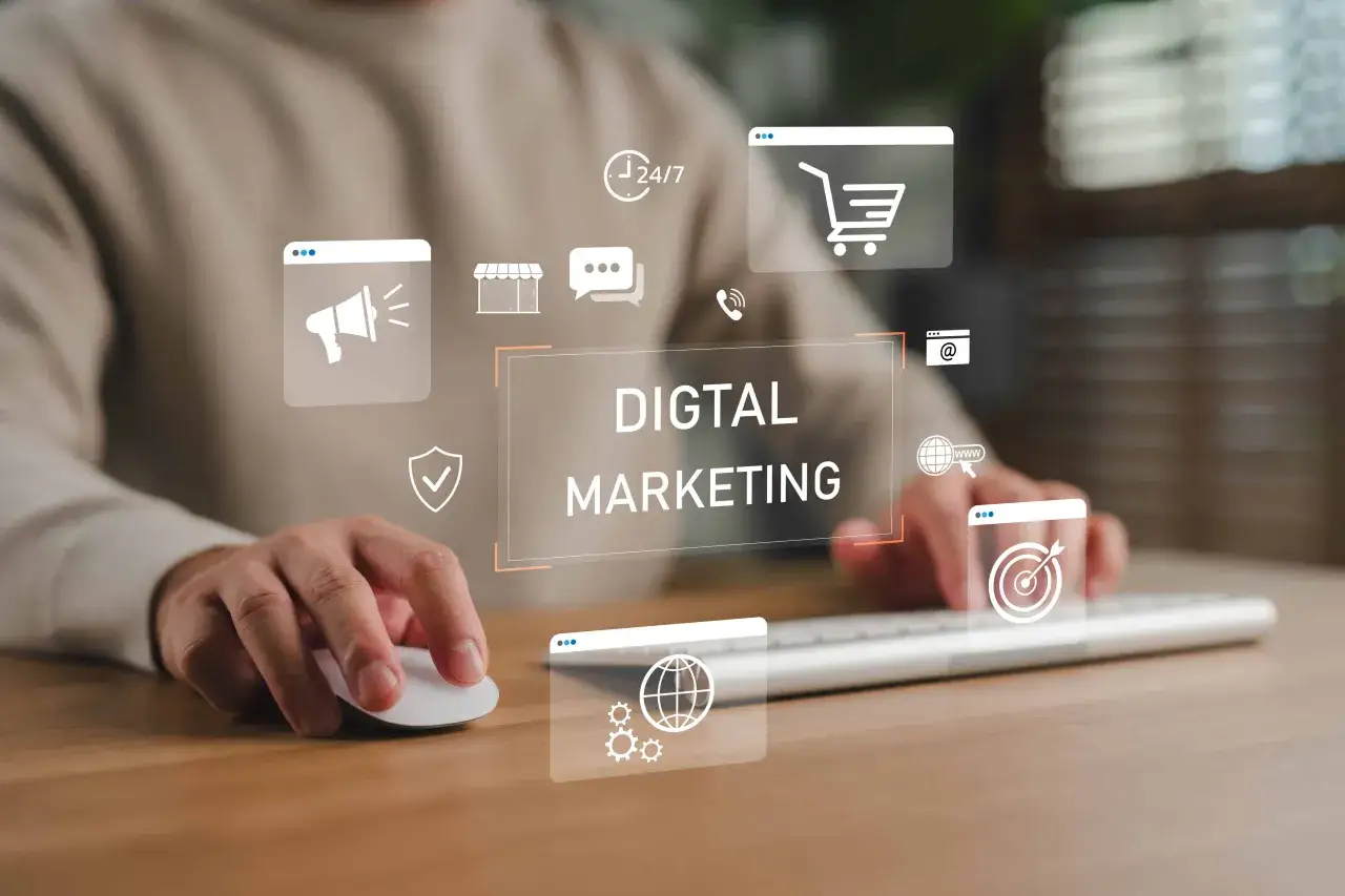 Strat&eacute;gie de marketing digital : une &eacute;dition addictive qui capture l'essence du succ&egrave;s en ligne avec des ic&ocirc;nes de panier, de cible et de m&eacute;gaphone.