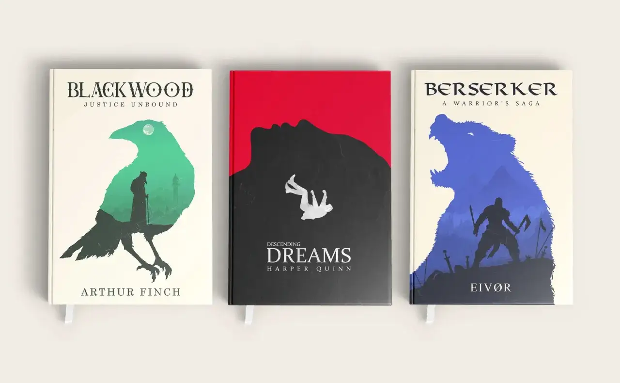 Trois belles couvertures de livres : un corbeau vert avec une ville, une silhouette tombant dans le rouge et le noir, et un guerrier devant un ours bleu.