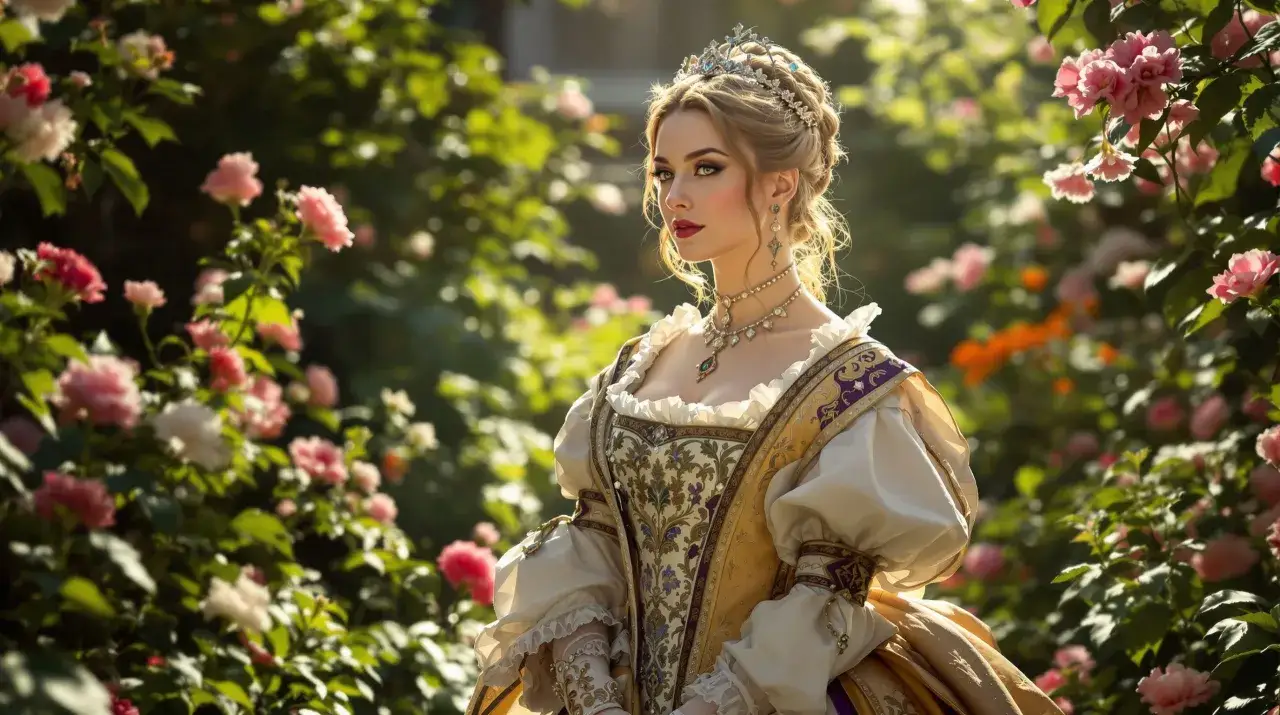 Princesse de Montpensier : une jeune femme &agrave; la couronne &eacute;tincelante, dans une robe d'&eacute;poque, au milieu d'un jardin fleuri.
