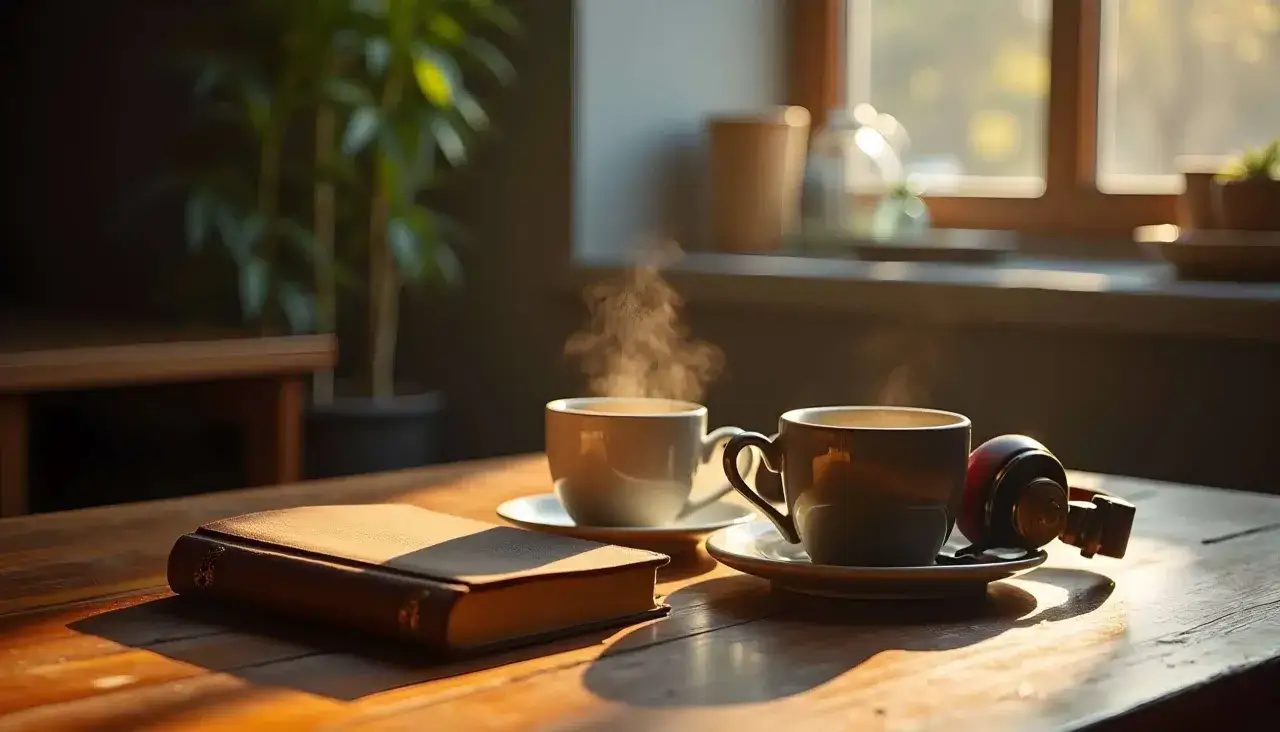 Deux tasses de caf&eacute; fumantes, un livre et des &eacute;couteurs sur une table en bois. Une sc&egrave;ne intime, parfaite pour une histoire romantique.
