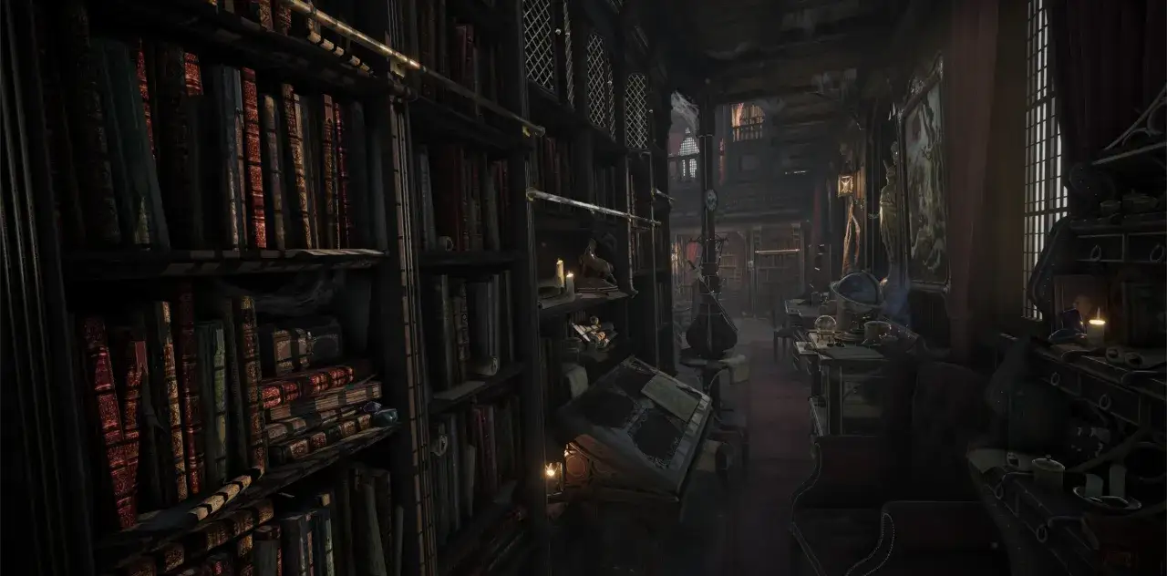 Biblioth&egrave;que sombre et myst&eacute;rieuse, remplie de livres anciens. On y trouve des bougies, un globe, et des statues, comme si l'on cherchait comment &eacute;crire Harry Potter.