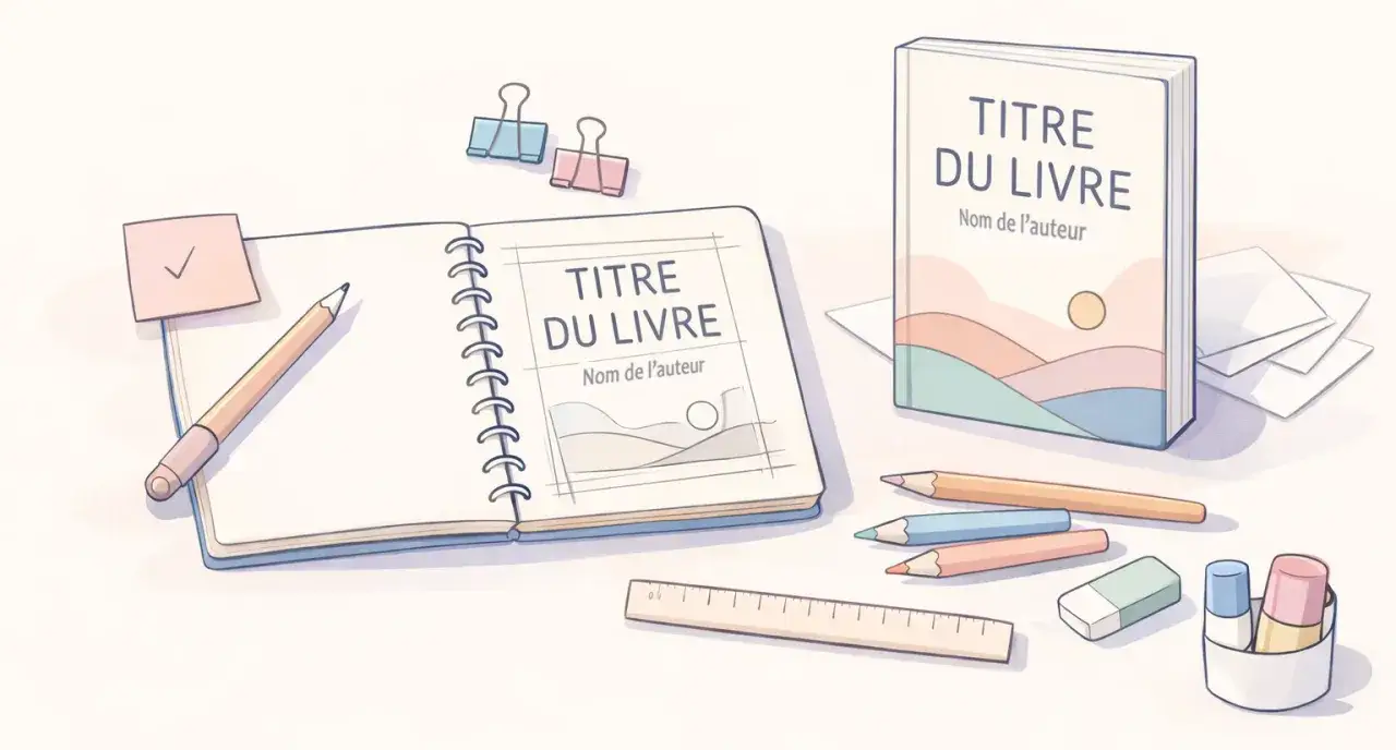 Un carnet ouvert avec un crayon, un livre pr&ecirc;t &agrave; &ecirc;tre publi&eacute;, des crayons, une r&egrave;gle et des trombones. L'image &eacute;voque le travail cr&eacute;atif d'une maison d'&eacute;dition.