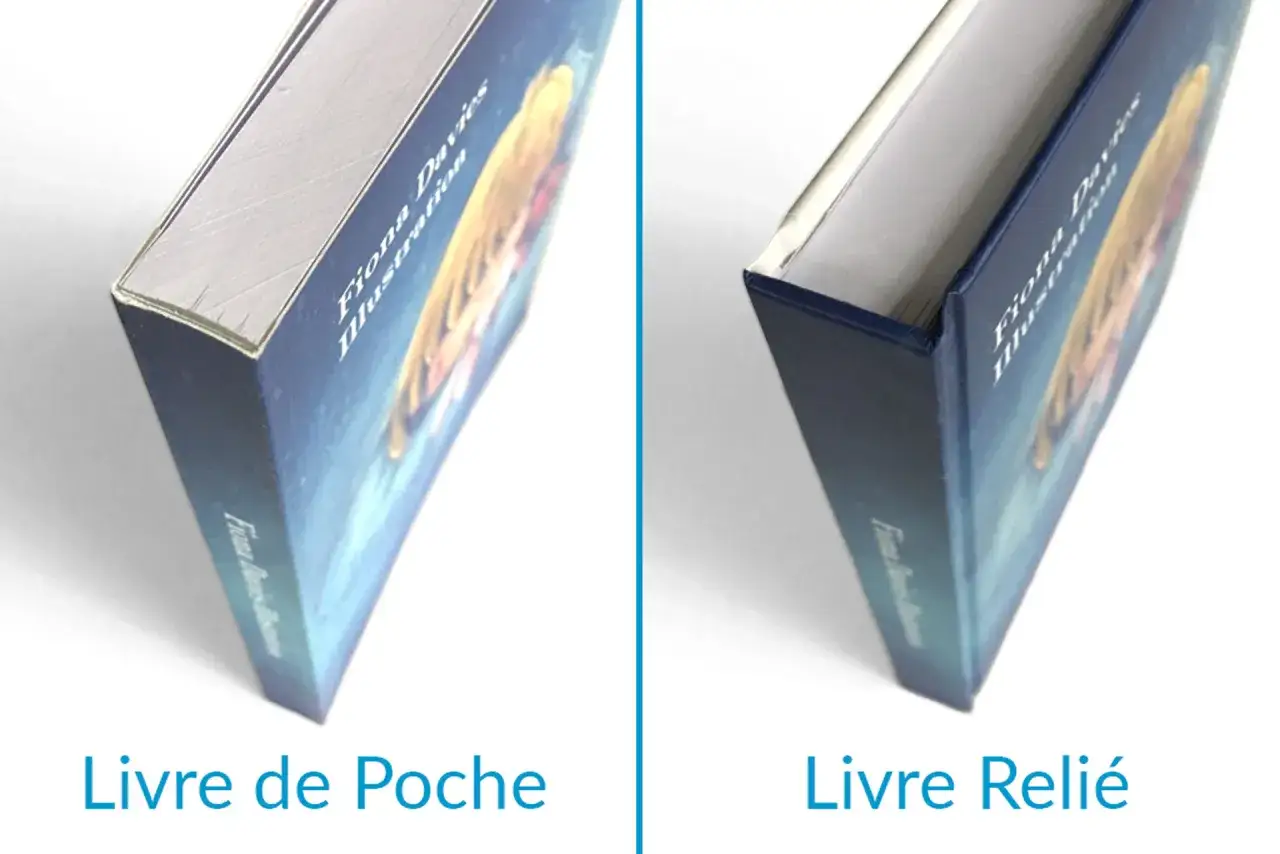 Comparaison entre un livre de poche et un livre relié, montrant la différence de couverture et de reliure.