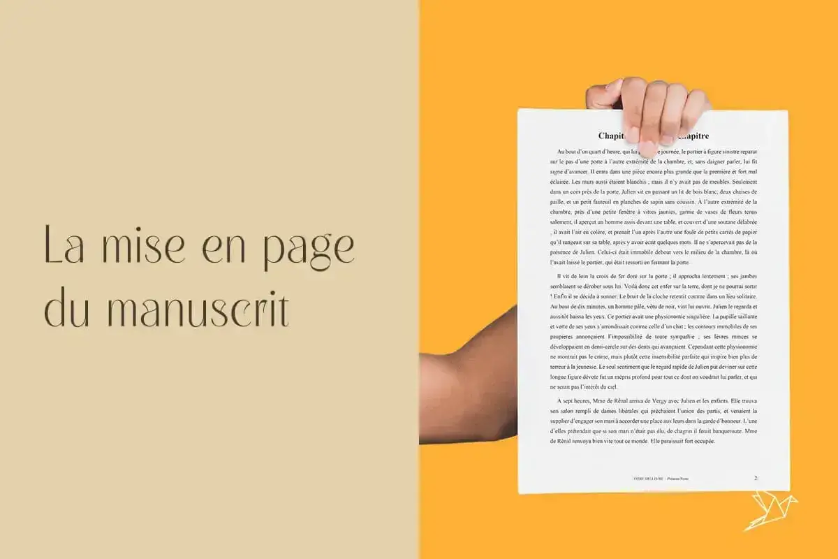 La mise en page du manuscrit, une sc&egrave;ne &eacute;voquant les &eacute;ditions Pauvert manuscrit, avec un texte ancien et une main tenant une page.