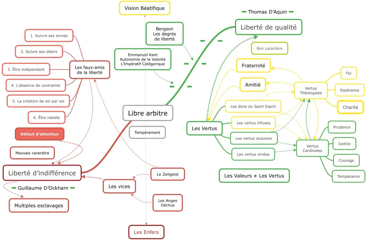 Carte mentale explorant le sujet philo libert&eacute;, ses faux-amis, le libre arbitre, la libert&eacute; de qualit&eacute;, les vertus et les valeurs.