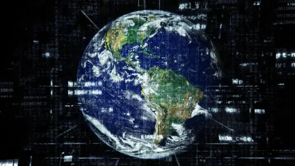 La Terre vue de l'espace, entourée de code binaire, symbolisant la dissertation sur la mondialisation et la connectivité globale.