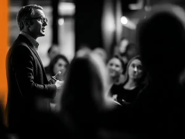 Un homme parle à une audience attentive. Je me souviens de cette conférence, c'était une expérience vécue marquante.