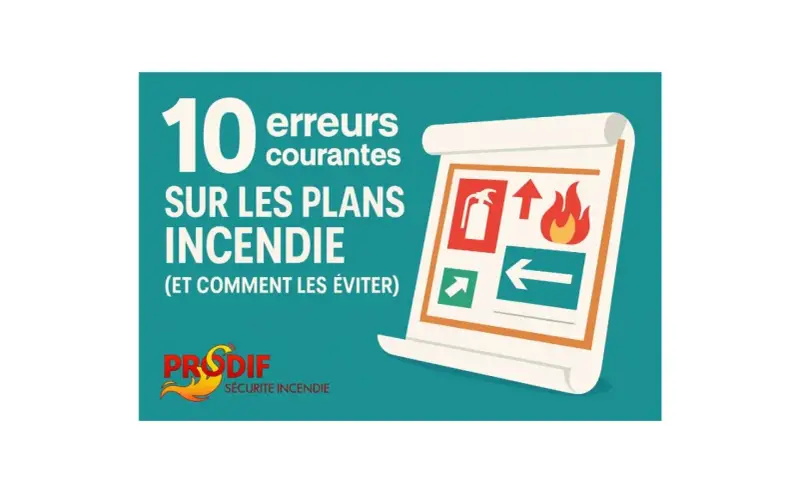 Illustration sur les 10 erreurs courantes sur les plans incendie, avec des symboles de sécurité. Un exemple de dossier RAEP rédigé serait utile pour comprendre ces erreurs.