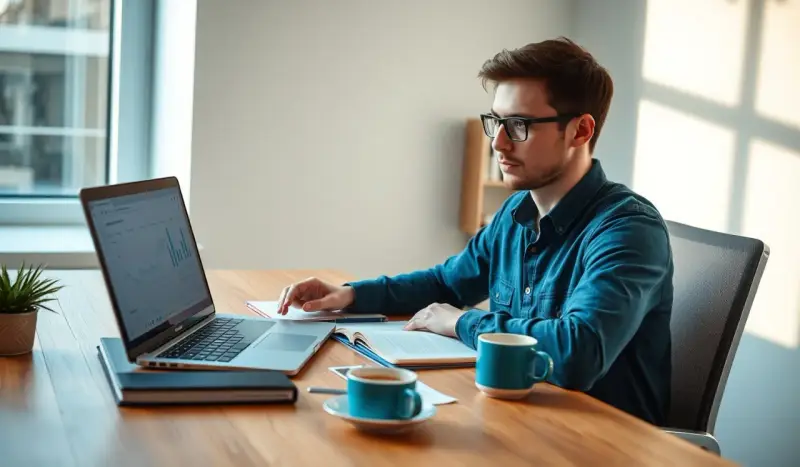 Un jeune homme concentré sur son ordinateur portable, préparant un mémoire sur le télétravail. Une tasse de café à portée de main.